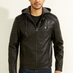 Guess Black Quilted Leather Bomber Jacket with Hood